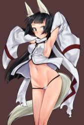 Rule 34 | 1girl, anabuki tomoko, animal ears, aohashi ame, armpits, black eyes, black hair, blunt bangs, breasts, brown background, covered erect nipples, cowboy shot, fox ears, fox tail, hands up, highres, japanese clothes, long hair, looking at viewer, micro panties, military, navel, panties, sideboob, simple background, solo, strike witches, tail, torn clothes, underwear, white tail, world witches series