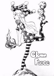 Rule 34 | 1girl, american flag dress, american flag legwear, balancing, ball, character name, clownpiece, fire, full body, greyscale, hat, high heels, highres, holding, jester cap, leg up, long hair, monochrome, neck ruff, open mouth, pantyhose, polka dot, pororikin, profile, short sleeves, simple background, smile, solo, standing, standing on one leg, star (symbol), star print, striped, torch, touhou, white background
