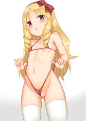 Rule 34 | 10s, 1girl, bikini, bikini pull, blonde hair, blush, bow, breasts, brown eyes, check commentary, cleft of venus, clothes pull, commentary request, eromanga sensei, hair bow, long hair, looking at viewer, micro bikini, navel, pointy ears, red bow, ringlets, simple background, small breasts, solo, swimsuit, thighhighs, thighs, toshishikisai, uncensored, wedgie, white background, yamada elf