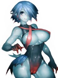Rule 34 | 1girl, alternate form, aqua (kingdom hearts), areola slip, black one-piece swimsuit, blue eyes, blue hair, blue skin, breastless clothes, breasts, cameltoe, claws, colored skin, commentary, contrapposto, covered erect nipples, cowboy shot, fins, fish girl, full body, fumio (rsqkr), gradient fingers, gradient swimsuit, head fins, highres, kingdom hearts, large breasts, monster girl, monsterification, one-piece swimsuit, pointy ears, sharp teeth, short hair, simple background, sleeveless, smile, solo, swimsuit, teeth, white background