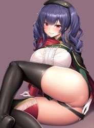 Rule 34 | 1girl, anus, arm support, azur lane, beret, black hat, black panties, black thighhighs, blush, bra visible through clothes, breasts, cape, framed breasts, gloves, grey background, hat, lambda (kusowarota), large breasts, long hair, long sleeves, looking at viewer, lying, on side, panties, panty pull, parted lips, partially visible vulva, pola (azur lane), purple hair, red eyes, simple background, skindentation, smile, solo, thighhighs, thighs, twintails, underwear, white gloves