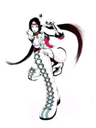Rule 34 | 1girl, boots, cross-laced footwear, elbow gloves, elbow pads, feather hair ornament, feathers, fingerless gloves, fujisawa tomio, full body, gloves, hair ornament, headband, jaycee (tekken), julia chang, lace-up boots, long hair, low twintails, luchadora, namco, no mask, official art, on one knee, parted bangs, simple background, solo, tekken, tekken tag tournament 2, thigh boots, thighhighs, twintails, wrestling outfit
