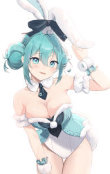 Rule 34 | 1girl, 39, 2022, absurdres, animal ears, aqua eyes, aqua hair, atom mtoa, bare shoulders, bicute bunnies miku, black necktie, blush, bow, breasts, cleavage, detached collar, ear bow, hair between eyes, hand on own ear, hatsune miku, highres, leaning forward, leotard, looking at viewer, medium breasts, miku day, necktie, open mouth, playboy bunny, rabbit ears, sidelocks, smile, solo, standing, vocaloid, white background