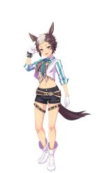 Rule 34 | 1girl, animal ears, bad link, belt, black shorts, blue eyes, blue neckerchief, blush, boots, breasts, brown shirt, collared shirt, cropped jacket, ear ornament, ear piercing, full body, game model, gloves, hands up, highres, horse ears, horse girl, horse tail, jacket, looking at viewer, medium breasts, mejiro ryan (umamusume), midriff, multicolored hair, navel, neckerchief, open clothes, open jacket, open mouth, piercing, shirt, short hair, short shorts, shorts, smile, solo, standing, streaked hair, tachi-e, tail, thigh belt, thigh strap, tied shirt, transparent background, umamusume, white footwear, white gloves, white hair, white shirt