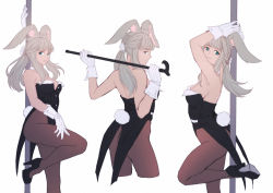 Rule 34 | 1girl, animal ear fluff, animal ears, arms up, warrior of light (ff14), back, bare shoulders, black footwear, brown hair, cane, closed mouth, collarbone, fake animal ears, fictional persona, final fantasy, final fantasy xiv, floppy ears, gloves, green eyes, high heels, highres, holding, holding cane, light brown hair, long hair, lyra-kotto, multiple views, over shoulder, pantyhose, playboy bunny, pole, pole dancing, rabbit ears, rabbit tail, simple background, smile, tail, twintails, viera, white background, white gloves