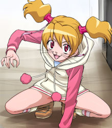 Rule 34 | 00s, 1girl, animal ears, blonde hair, cat ears, censored, convenient censoring, eyelashes, fangs, fresh precure!, haruyama kazunori, hood, hoodie, kneehighs, momozono love, no pants, paw pose, precure, red eyes, short twintails, socks, solo, squatting, twintails, whiskers