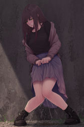 Rule 34 | 1girl, black footwear, black shirt, black socks, blunt bangs, blush, boots, breasts, brown hair, brown jacket, clenched teeth, clothes lift, collarbone, day, female focus, full body, grass, green eyes, half-closed eyes, highres, jacket, knees together feet apart, kokomachi, lifting own clothes, long hair, medium breasts, off shoulder, open clothes, open jacket, original, outdoors, own hands together, pee, peeing, peeing self, pigeon-toed, puddle, purple skirt, shirt, sidelocks, skirt, skirt lift, socks, solo, standing, sweat, teeth