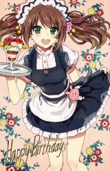 Rule 34 | 10s, 1boy, :d, apron, brown hair, crossdressing, egu (encore2), floral background, food, fruit, green eyes, happy birthday, idolmaster, idolmaster side-m, long hair, looking at viewer, maid headdress, male focus, mizushima saki, open mouth, parfait, skirt, skirt hold, smile, solo, strawberry, trap, tray, twintails, waist apron, waitress