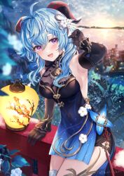 Rule 34 | 1girl, ahoge, bell, black dress, black gloves, blue dress, blue hair, blush, breasts, chinese clothes, detached sleeves, dress, dress flower, fujimori shiki, ganyu (genshin impact), ganyu (twilight blossom) (genshin impact), genshin impact, gloves, goat horns, hair between eyes, hand up, highres, horns, lantern, long sleeves, looking at viewer, medium breasts, neck bell, official alternate costume, official alternate hairstyle, open mouth, outdoors, purple eyes, sidelocks, signature, sitting, smile, solo