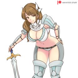 Rule 34 | 1girl, alternate costume, armor, bikini armor, braid, braided ponytail, breasts, brown hair, charlotte (fire emblem), charlotte (fire emblem) (cosplay), cleavage, cosplay, cowboy shot, fire emblem, fire emblem engage, fire emblem fates, goldmary (fire emblem), hair ornament, hair ribbon, hand on own hip, hayato stuff, highres, hip armor, large breasts, leaning forward, long hair, looking at viewer, low ponytail, mole, mole on breast, navel, nintendo, panties, patreon logo, patreon username, pauldrons, planted, planted sword, planted weapon, ribbon, shoulder armor, smile, solo, standing, sword, underwear, weapon, white background, white panties, white ribbon, yellow eyes