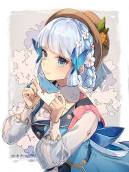 Rule 34 | 1girl, ayaka (genshin impact), blue hair, brown hat, butterfly hair ornament, butterfly ring, collar, dress, flower, genshin impact, hair ornament, hair rings, hair up, hat, hat flower, hat leaf, highres, holding, holding letter, kamisato ayaka, kamisato ayaka (springbloom missive), letter, light blue hair, long sleeves, multicolored clothes, multicolored dress, official alternate costume, official alternate hairstyle, puffy long sleeves, puffy sleeves, shishamo (4731), solo, white collar, white flower