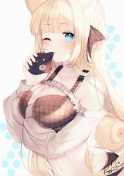 Rule 34 | 1girl, absurdres, animal ears, bare shoulders, between breasts, black shirt, blonde hair, blue eyes, blunt bangs, breasts, collarbone, crop top, hand up, highres, holding, kagefumi, large breasts, long hair, long sleeves, looking at viewer, midriff, navel, off shoulder, one eye closed, original, plaid, revealing clothes, shirt, shrug (clothing), sleeveless, sleeveless shirt, smile, solo, stomach, tail, upper body, very long hair