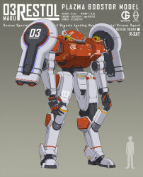 Rule 34 | changkyu kim, character name, english text, grey background, highres, mecha, no humans, open hands, restol machine 3, restol special rescue squad, robot, silhouette, size comparison, solo, standing