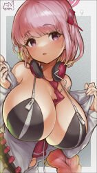 Rule 34 | 1girl, absurdres, bikini, bikini top only, blue archive, braid, breasts, cleavage, collarbone, commentary request, eimi (blue archive), gradient hair, hair ornament, halo, headphones, highres, holding, holding clothes, huge breasts, jacket, long hair, long sleeves, looking at viewer, low ponytail, midriff, morikawa3sei, multicolored hair, navel, necktie, object on breast, open clothes, open jacket, parted lips, pink hair, purple eyes, school uniform, sidelocks, simple background, single braid, sleeveless, solo, swimsuit, two-tone hair, undressing, zipper