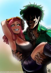Rule 34 | 1boy, 1girl, alternate universe, arm up, armpits, black gloves, bodysuit, boku no hero academia, boots, breasts, camisole, carrying, cleavage, commentary, crosshair pupils, english commentary, freckles, gloves, goggles, goggles on head, green bodysuit, green hair, grin, hatsume mei, jerk douglas, knee boots, large breasts, lips, midoriya izuku, aged up, pencil skirt, pink hair, princess carry, skirt, smile, strap gap, yellow eyes