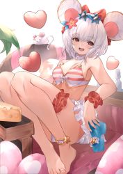 Rule 34 | 1girl, animal ears, anklet, bikini, bikini skirt, bow, breasts, bridal garter, chair, cheese, choker, commentary request, eyewear on head, fake animal ears, flower, food, frilled choker, frilled skirt, frills, front-tie top, full body, granblue fantasy, hair bow, hair flower, hair ornament, heart, highres, jewelry, looking at viewer, majo (pastamajo), mouse (animal), open mouth, paid reward available, red bow, sandals, scrunchie, short hair, sitting sideways, skirt, small breasts, solo, star-shaped eyewear, star (symbol), striped bikini, striped clothes, sunglasses, swimsuit, toeless footwear, unworn footwear, unworn sandals, vikala (blooming summer wallflower) (granblue fantasy), vikala (granblue fantasy), white background, white hair, wrist scrunchie