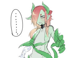 Rule 34 | 1girl, breasts, clenched teeth, colored skin, green skin, horns, kamen no hito, long hair, looking at viewer, monster girl, original, plant, plant girl, red hair, sharp teeth, solo, teeth, vines