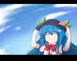 Rule 34 | 1girl, :3, ^ ^, bad id, bad pixiv id, beegle, blue hair, closed eyes, cloud, day, closed eyes, female focus, hands on headwear, happy, hat, hinanawi tenshi, letterboxed, long hair, sky, smile, solo, touhou, upper body