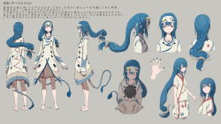 Rule 34 | 1girl, ^ ^, barefoot, black nails, blue eyes, blue hair, bracelet, breasts, character sheet, child, closed eyes, cropped legs, cropped torso, dress, facing away, facing viewer, floating hair, frown, gloves, headband, highres, jewelry, long hair, long sleeves, looking at viewer, looking away, looking to the side, looking up, low-tied long hair, multiple views, nail polish, no headwear, original, profile, short sleeves, simple background, small breasts, smile, standing, tail, translation request, turnaround, webbed hands, yukima (yushika), yumi kozui