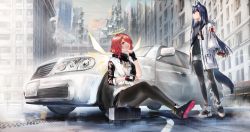 Rule 34 | 2girls, animal ears, arknights, black footwear, black gloves, black hair, black legwear, black shirt, black sleeves, building, car, cigarette, city, closed mouth, coat, commentary, day, energy wings, exusiai (arknights), fingerless gloves, full body, gawako, gloves, hair between eyes, hair over one eye, halo, hand up, highres, hood, hood down, hooded coat, jacket, lamppost, license plate, long hair, long sleeves, motor vehicle, multiple girls, official alternate costume, one eye covered, open mouth, orange eyes, outdoors, pantyhose, red gloves, red hair, road, shirt, shoe soles, short hair, shorts, shoulder strap, sitting, sky, smile, smoke, standing, street, tail, texas (arknights), texas (winter messenger) (arknights), vehicle focus, white coat, white jacket, white shorts, wolf ears, wolf tail