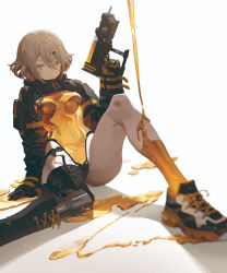 Rule 34 | 1girl, breasts, character request, copyright request, covered navel, fajyobore, gloves, gun, hair between eyes, hair ornament, hairclip, holding, holding gun, holding weapon, honey, liquid, looking at viewer, shoes, sneakers, solo, weapon, white background, yellow eyes