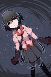 Rule 34 | 1girl, black eyes, black hair, black necktie, black pantyhose, black skirt, black undershirt, bob cut, empty eyes, eyebrows hidden by hair, feet out of frame, floating, from above, hair over eyes, hammer (sunset beach), looking afar, monogatari (series), naoetsu high school uniform, necktie, oshino ougi, pantyhose, parted lips, partially submerged, pink skirt, pleated skirt, puffy sleeves, ripples, school uniform, shaded face, short hair, skirt, sleeves past fingers, sleeves past wrists, solo, turtleneck, water, wet, wet clothes, wet hair
