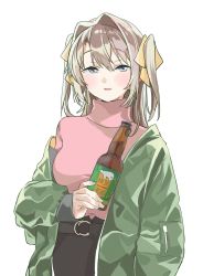 Rule 34 | 1girl, absurdres, beer bottle, belt, black skirt, blue eyes, blush, bottle, breasts, brown hair, closed mouth, green jacket, hair intakes, half-closed eyes, hei (tonarinohey), highres, holding, holding bottle, jacket, kamiina botan, kamiina botan yoeru sugata wa yuri no hana, long hair, long sleeves, looking at viewer, medium breasts, off shoulder, open clothes, open jacket, pink sweater, second-party source, sidelocks, simple background, skirt, smile, solo, sweater, turtleneck, turtleneck sweater, two side up, upper body, white background