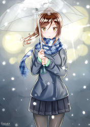 Rule 34 | 1girl, artist name, bad id, bad pixiv id, blue background, blue scarf, blurry, blush, brown hair, coat, depth of field, expressionless, gradient background, green sweater, grey pantyhose, highres, light blush, looking at viewer, lyte, original, pantyhose, plaid, plaid scarf, pleated skirt, ponytail, scarf, short hair, skirt, snowing, solo, sweater, transparent, transparent umbrella, umbrella, wind, winter clothes, winter coat, yellow eyes
