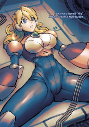 Rule 34 | 1girl, alia (mega man), android, blonde hair, blue eyes, breasts, cable, chest jewel, commentary, empty eyes, english commentary, english text, highres, large breasts, lying, mega man (series), mega man x (series), minster (dooke), on back, parted lips, radio antenna, solo, spread legs, static