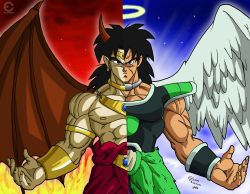 Rule 34 | 2boys, angel wings, animefreak93867, armor, black eyes, black hair, blue background, boots, bracelet, broly (dragon ball z), broly (dragon ball super), demon horns, demon wings, dragon ball, dragon ball super, dragonball z, dual persona, earrings, fire, frown, halo, highres, horns, jewelry, long hair, male focus, multiple boys, muscular, necklace, red background, scar, spiked hair, split theme, wings, wristband