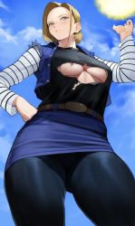 Rule 34 | 1girl, absurdres, android 18, belt, blonde hair, blue jacket, blue skirt, blue sky, blush, breasts, buttons, closed mouth, cloud, cloudy sky, commentary request, cropped jacket, day, dragon ball, dragonball z, earrings, energy ball, hand on own hip, hand up, highres, jacket, jewelry, lips, long sleeves, medium breasts, miniskirt, open clothes, outdoors, pantyhose, parted bangs, shirt, short hair, simple background, single earring, skirt, sky, solo, striped, torn clothes, torn shirt, underboob, yoshio (55level)