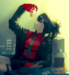 Rule 34 | 1girl, alcohol, animal ears, arknights, black hair, black jacket, black shorts, collared shirt, cup, suit jacket, dress shirt, ears down, formal, gloves, grey necktie, highres, holding, holding cup, jacket, long sleeves, looking up, miike (992058), necktie, official alternate costume, open clothes, open jacket, ponytail, red eyes, red gloves, red shirt, shirt, shorts, sidelocks, sitting, solo, texas (arknights), texas (willpower) (arknights), thigh strap, wolf ears