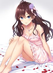 Rule 34 | 10s, 1girl, :3, bad id, bad pixiv id, blue eyes, breasts, brown hair, cleavage, highres, ichinose shiki, idolmaster, idolmaster cinderella girls, jewelry, long hair, looking at viewer, necklace, sitting, solo, wavy hair, yuuhi (ages)