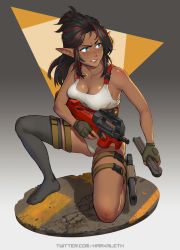 Rule 34 | 1girl, black hair, black thighhighs, blue eyes, borrowed character, breasts, bruise, bullpup, cleavage, commentary, commission, dark-skinned female, dark elf, dark skin, elf, english commentary, fingerless gloves, full body, gloves, green gloves, grimace, gun, highres, holding, holding gun, holding weapon, holster, injury, lantea (skiefire), leotard, long hair, looking afar, magazine (weapon), medium breasts, mleth, multicolored hair, no shoes, on one knee, original, p90, personal defense weapon, pointy ears, red hair, reloading, simple background, single thighhigh, solo, streaked hair, submachine gun, thigh holster, thigh strap, thighhighs, trigger discipline, twitter username, updo, weapon, white leotard