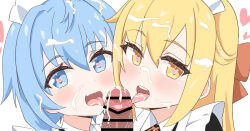 Rule 34 | 1boy, 2girls, apron, bar censor, black dress, blonde hair, blue eyes, blue hair, censored, commentary, cooperative fellatio, cropped, cum, cum in mouth, cum on tongue, dress, facial, fang, fellatio, frilled apron, frills, hair between eyes, heart, heart in eye, junes, kantai collection, licking, licking penis, looking at viewer, maid, maid apron, maid headdress, minazuki (kancolle), multiple girls, open mouth, oral, paid reward available, penis, satsuki (kancolle), simple background, skin fang, symbol in eye, teeth, tongue, tongue out, upper teeth only, white apron, white background, yellow eyes