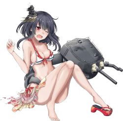 Rule 34 | 10s, 1girl, bare shoulders, barefoot, bikini, black hair, breasts, broken, cleavage, collarbone, full body, geta, hair ornament, headgear, kantai collection, knees together feet apart, lowres, machinery, medium breasts, official art, one eye closed, open mouth, red eyes, red footwear, rikka (rikka331), shoes, short hair, single shoe, sitting, solo, swimsuit, torn clothes, transparent background, turret, yamashiro (kancolle)