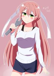 Rule 34 | 10s, 1girl, akashi (kancolle), bare shoulders, blush, casual, green eyes, hair ribbon, jad325, kantai collection, long hair, looking at viewer, off shoulder, pink hair, ribbon, simple background, skirt, smile, solo, tress ribbon, twintails, very long hair, wrench