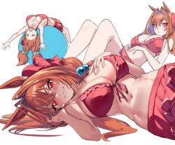 Rule 34 | 1girl, animal ears, antenna hair, armpits, ball, bikini, blush, bow, breasts, brown hair, cleavage, commentary request, crossed bangs, daiwa scarlet (trifle vacation) (umamusume), daiwa scarlet (umamusume), exercise ball, frilled bikini, frills, grin, groin, hair bow, hair intakes, hair ornament, hand on own chest, hands on own stomach, horse ears, knees up, large breasts, long hair, looking at viewer, lying, multiple views, navel, nonco, official alternate costume, on back, open mouth, outstretched arms, parted lips, red bikini, red bow, red eyes, simple background, smile, stomach, swimsuit, teeth, twintails, umamusume, upside-down, wet, white background