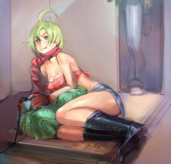 Rule 34 | 1girl, :q, ahoge, bare shoulders, bow (bhp), breasts, cleavage, controller, game controller, gloves, green eyes, green hair, lying, matching hair/eyes, on side, original, scarf, solo, tongue, tongue out