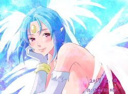 Rule 34 | 1girl, bare shoulders, blue hair, breasts, closed mouth, dated, elbow gloves, facial mark, filia (star ocean), forehead jewel, forehead mark, gloves, jewelry, large breasts, lips, looking at viewer, macchi theo, pointy ears, red eyes, short hair, smile, solo, star ocean, star ocean the second story, wings