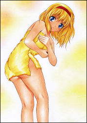 Rule 34 | 1girl, alice margatroid, ass, blonde hair, blue eyes, closed mouth, from side, hairband, leaning forward, long hair, looking at viewer, naked towel, red hairband, shiny skin, solo, standing, touhou, towel, yadokari genpachirou, yellow towel