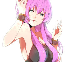Rule 34 | 1girl, armpits, blue eyes, breasts, bug, butterfly, hair over breasts, insect, large breasts, long hair, megurine luka, pink hair, sideboob, simple background, solo, tori no karaage, vocaloid, wrist cuffs