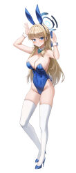 Rule 34 | 1girl, absurdres, animal ears, armpits, arms up, bare shoulders, blonde hair, blue archive, blue eyes, blue footwear, blue hairband, blue leotard, bow, bowtie, braid, breasts, cleavage, closed mouth, covered navel, detached collar, earpiece, expressionless, fake animal ears, fake tail, full body, hairband, halo, hamong0, high heels, highleg, highleg leotard, highres, incredibly absurdres, large breasts, legs, leotard, long hair, looking at viewer, official alternate costume, playboy bunny, rabbit ears, rabbit pose, rabbit tail, simple background, solo, standing, strapless, strapless leotard, tail, thighhighs, thighs, toki (blue archive), toki (bunny) (blue archive), very long hair, white background, white thighhighs, wrist cuffs