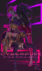 Rule 34 | 2girls, absurdres, artificial eye, artist name, bangle, blonde hair, boots, bracelet, breasts, cape, character name, cleavage, cyberpunk, cyberpunk (series), cyberpunk 2077, cyborg, fingernails, fur cape, hair over one eye, high heel boots, high heels, highres, invisible chair, jacket, jewelry, leather, leather jacket, leather pants, mechanical eye, medium breasts, mercy (overwatch), moira (overwatch), multiple girls, neon trim, off-shoulder jacket, off shoulder, orange hair, overwatch, overwatch 1, pants, pink eyes, pink pants, sharp fingernails, short hair, short ponytail, sitting, small breasts, snakeskin print, squidsmith, standing, standing on one leg, thigh boots, thighhighs