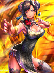 Rule 34 | alternate hairstyle, armpits, black hair, bracelet, breasts, brown eyes, china dress, chinese clothes, cleavage, cleavage cutout, clothing cutout, corsage, double bun, dress, fighting stance, final fantasy, final fantasy vii, final fantasy vii remake, hair bun, highres, jewelry, lace, lace-trimmed legwear, lace trim, looking at viewer, official alternate costume, parted lips, smile, solo, square enix, thighhighs, tifa lockhart, ura dora, wall market