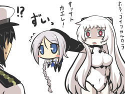 Rule 34 | !?, 10s, 1boy, 2girls, abyssal ship, admiral (kancolle), airfield princess, anger vein, blue eyes, blush stickers, braid, chibi, commentary request, flying sweatdrops, goma (gomasamune), hat, kantai collection, long hair, md5 mismatch, military, military uniform, multiple girls, open mouth, pantyhose, peaked cap, simple background, single braid, translation request, umikaze (kancolle), uniform, white background