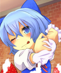 Rule 34 | 1girl, :q, ;q, bad id, bad pixiv id, blurry, brick, cirno, depth of field, food, fruit, one eye closed, pastry bag, solo, strawberry, tongue, tongue out, touhou, whipped cream, wink, yoo (jqtgt), yoo (tabi no shiori)
