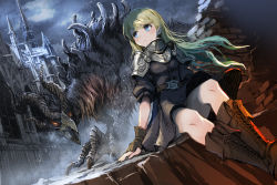 Rule 34 | 1girl, architecture, armor, belt, blonde hair, blue eyes, boots, brown belt, brown footwear, cathedral, cross-laced footwear, expressionless, fantasy, fingerless gloves, gloves, highres, knee boots, lace-up boots, long hair, looking to the side, medieval, monster, night, night sky, original, short sleeves, sky, tunic, ume (illegal bible)