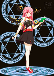 Rule 34 | :o, absurdres, alternate costume, alternate wings, armlet, artist request, asymmetrical footwear, bare shoulders, black background, black skirt, black tube top, black wings, book, bracelet, breasts, chain, cleavage, commentary request, dated, detached collar, full body, hair between eyes, head wings, hexagram, highres, holding, holding book, ideolo (style), jewelry, koakuma, long hair, looking down, magic circle, medium breasts, mismatched footwear, open book, parody, pointy ears, red eyes, red hair, simple background, skirt, sleeveless, solo, standing, strapless, style parody, touhou, tube top, wings