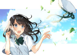Rule 34 | 1girl, beret, black hair, blue eyes, blue sky, blush, bow, breasts, cloud, cloudy sky, collared shirt, day, dress shirt, falling leaves, green bow, hat, leaf, long hair, open mouth, original, plaid, plaid bow, shirako miso, shirt, short sleeves, sky, small breasts, solo, unworn hat, unworn headwear, white hat, white shirt, wind